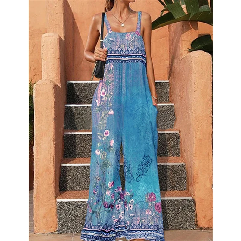 Women Retro Floral Print Boho Ethnic Style Jumpsuits Summer Fashion Elegant Sexy Backless Sleeveless Rompers Wide Leg Pantalones