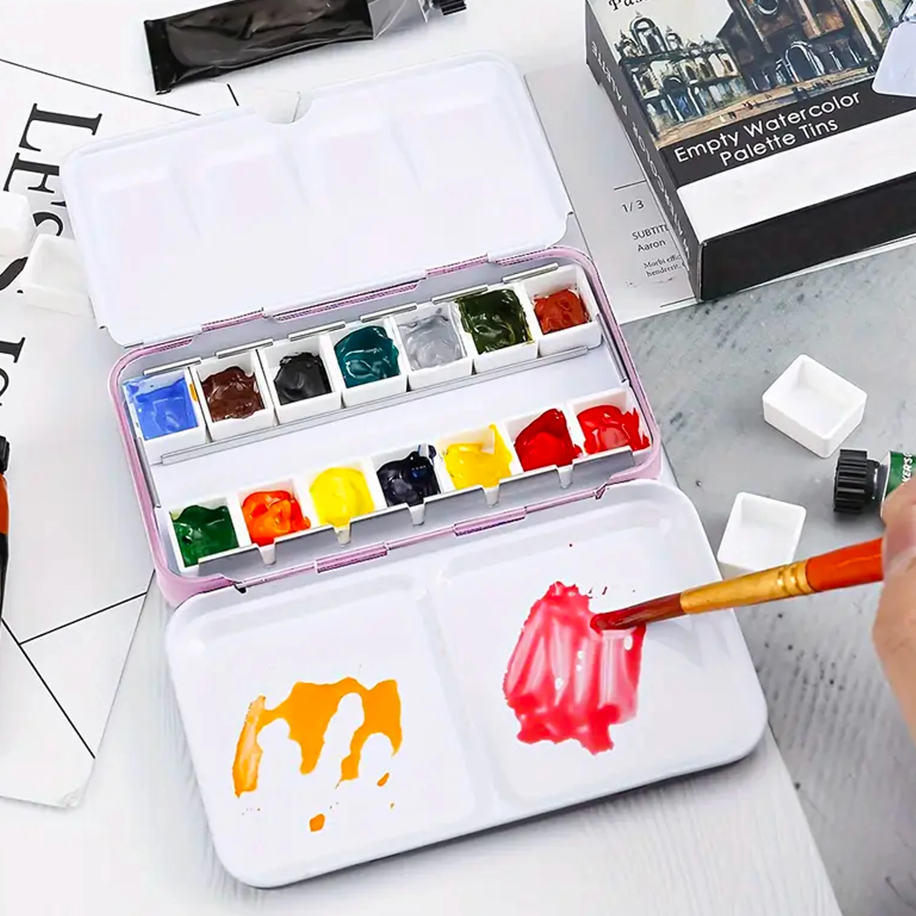 Empty Watercolor Palette, Empty Watercolor Tin with Fold Out Palette,14pcs Empty Half Pans Paint Case for Travel Painting 3