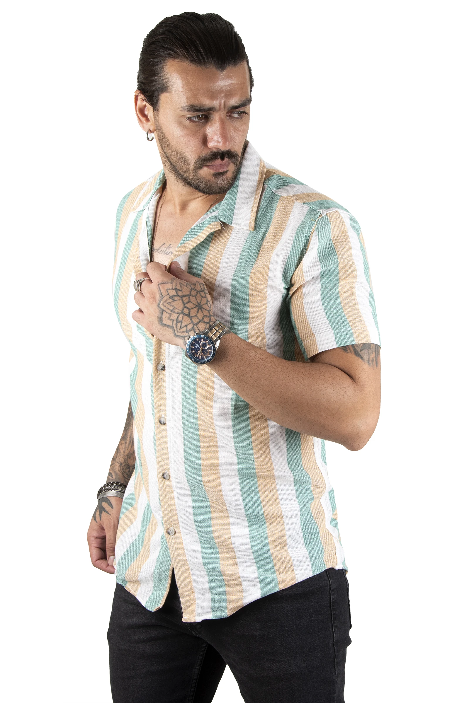 DeepSEA Striped Short-Sleeve Linen Men Shirt 2201918