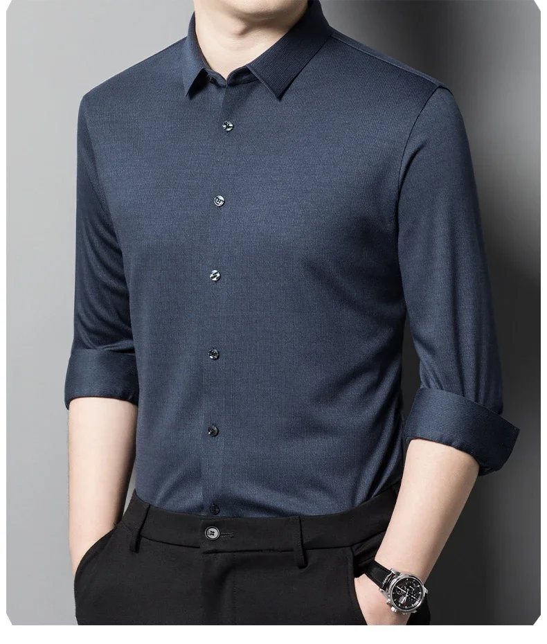 Seamless Wool Men's Dress Shirts Luxury Solid Color Long Sleeve Business Casual Single Breasted Male Shirts Plus Size 4XL