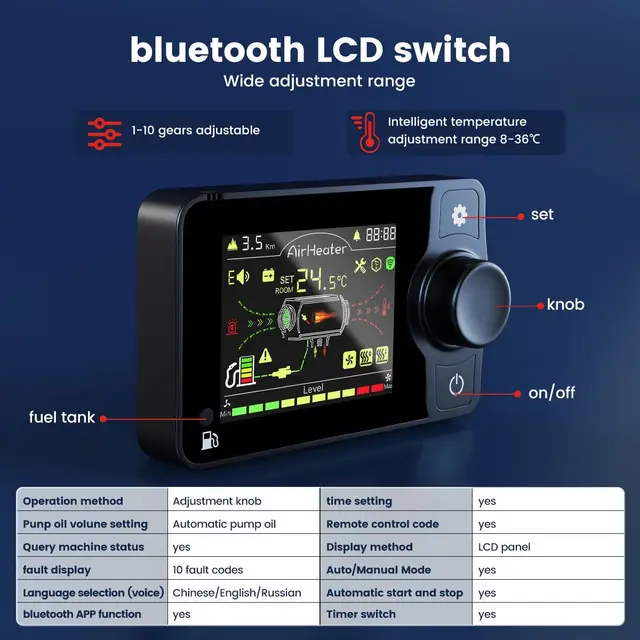 Chauffage de stationnement HCalory HC-A0 12/24V 5-8KW Chauffage à air  Diesel avec switch LCD - Gris