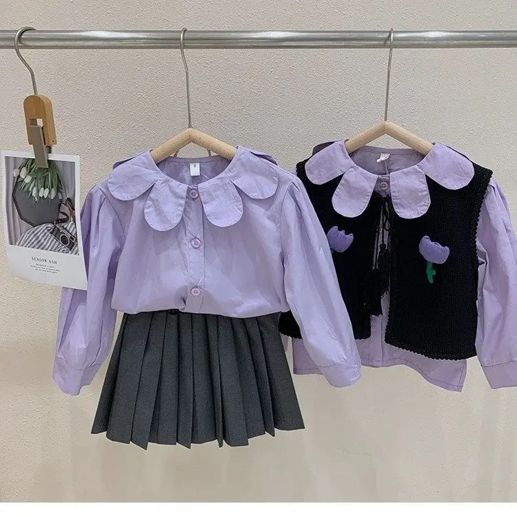 Baby Girls Fashion Purple Shirts Blouses Elegant Kids Girl Spring Autumn Tops Children Birthday Princess Clothes