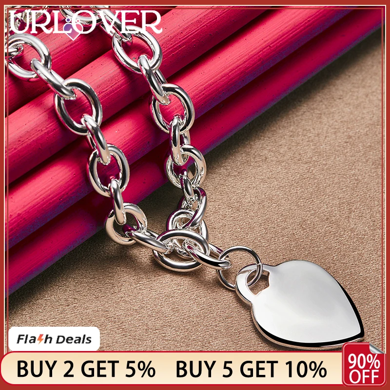 

URLOVER 925 Sterling Silver Heart Pendant Necklace For Women Men Lovers Fine Chain Engagement Wedding Fashion Charm Jewelry Gift