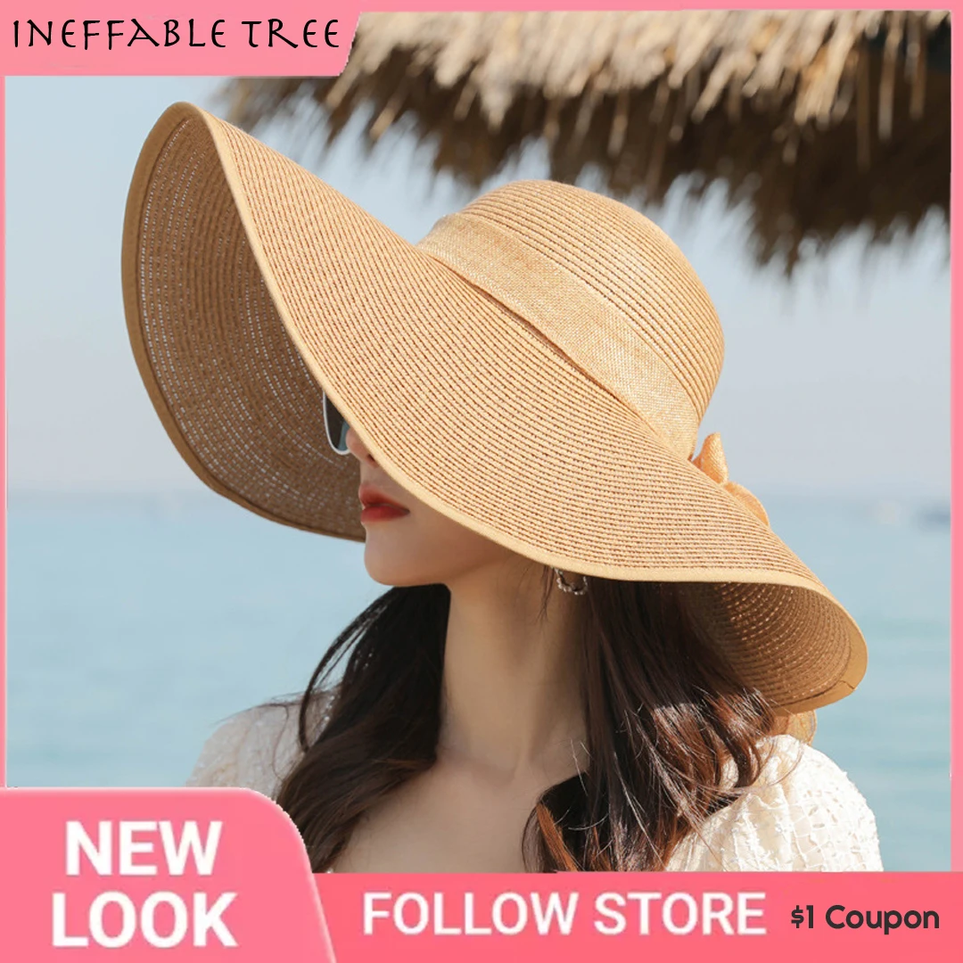 Women's Summer Beach Sun Hat Wide Large Brim Floppy Straw Cap with Big Bow  Cool
