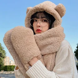 Cute Bear Ear Hat Scarf Gloves Set Autumn Winter Women Caps Warm Casual Plush Hats Solid Fleece Warm Hats