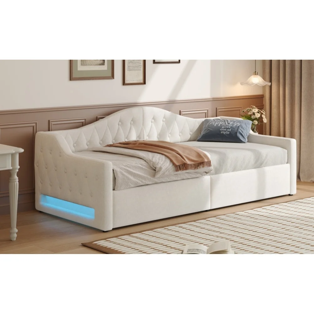 Bettgestelle und -gestelle, graues gepolstertes Tagesbett mit LED-Streifen, Stauraum unter dem Bett (ohne Matratze), Einzelbett in Doppelbettgröße – Detail 20