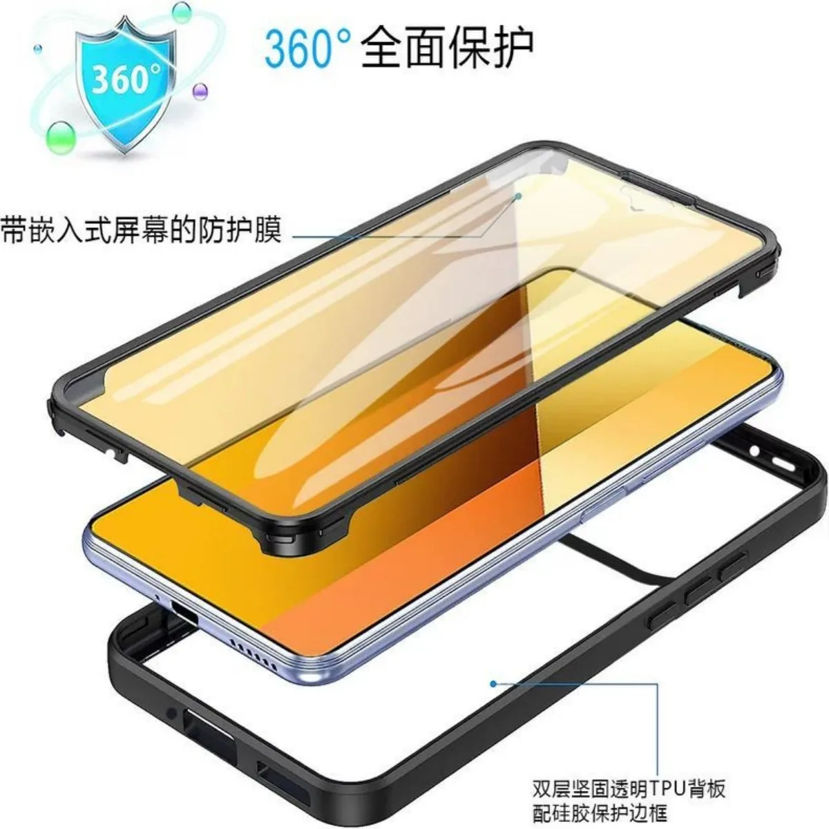 360° Shockproof Phone Case with Built-in Screen Protector and Transparent Back