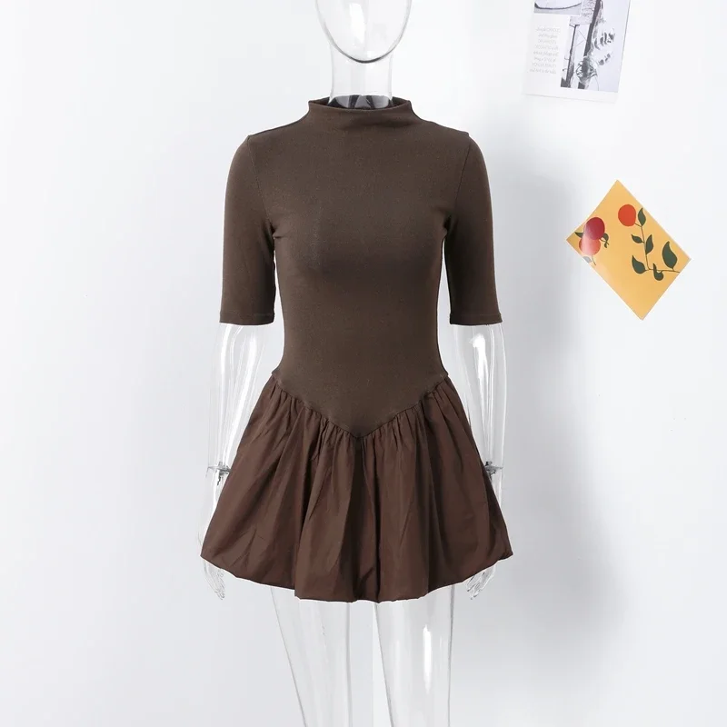 Elegant Knitted Patchwork Brown A-line Dress Women O-neck Short Sleeves Pleated Ruffles Mini Dresses 2025 Lady Solid Vestidos