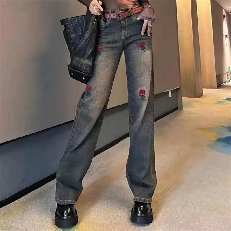 Women's Solid Button Zipper Embroidery Jeans 2023 Autumn and Winter High Waist Loose Large Fashion Vintage Straight Leg Pants