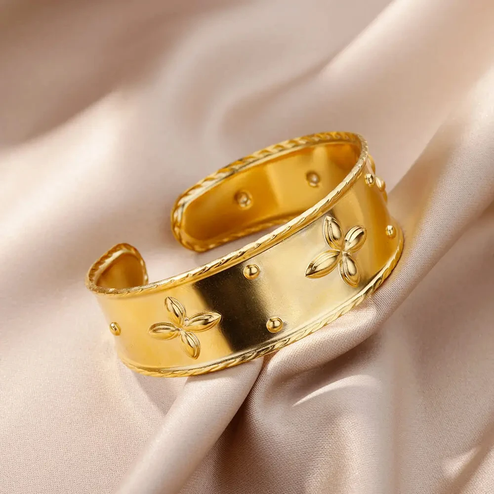 Cross Flower Bangles Bracelet for Women Stainless Steel Gold Plated