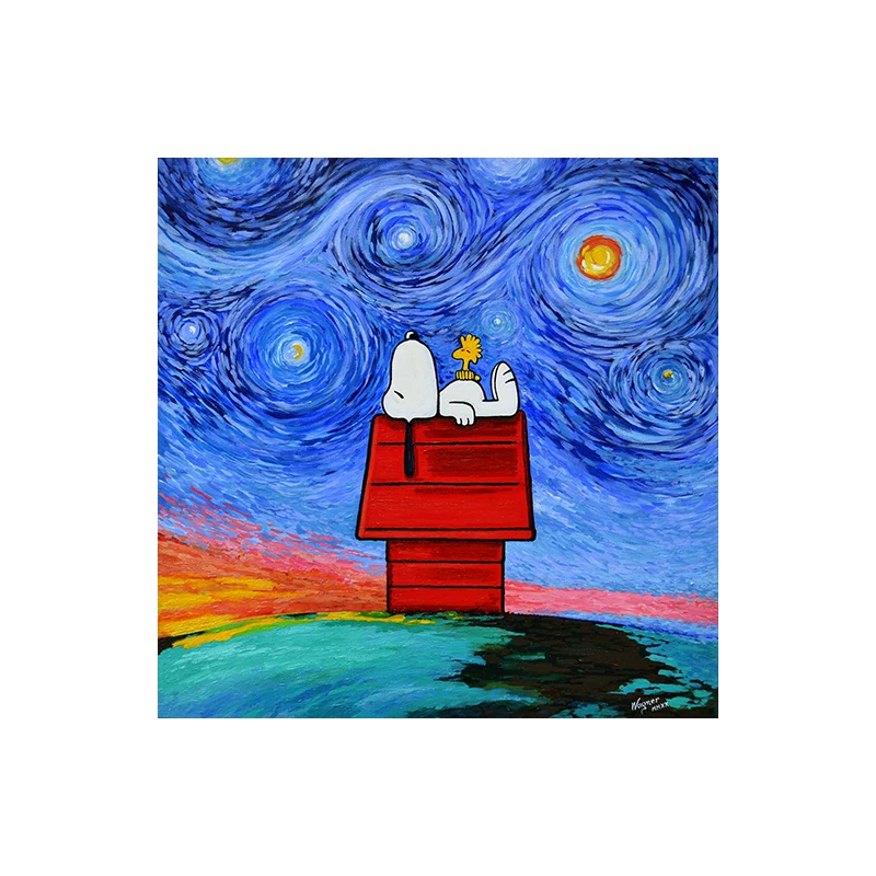 thumbnail image 1 of Cuadro de Snoopy Charlie Brown Woodstock, póster de arte de pared moderno, cuadro abstracto estilo Van Gogh, impresión en lienzo, decoración de habitación, regalo, 1 of 5