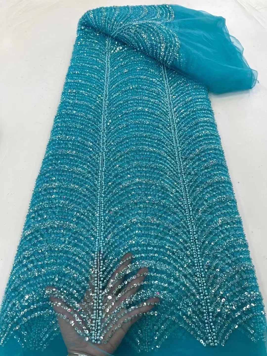 

Blue French Wedding Groom Bridal Lace Fabric 2023 Handmade Beaded African Nigerian Tulle Lace Fabrics With Sequins