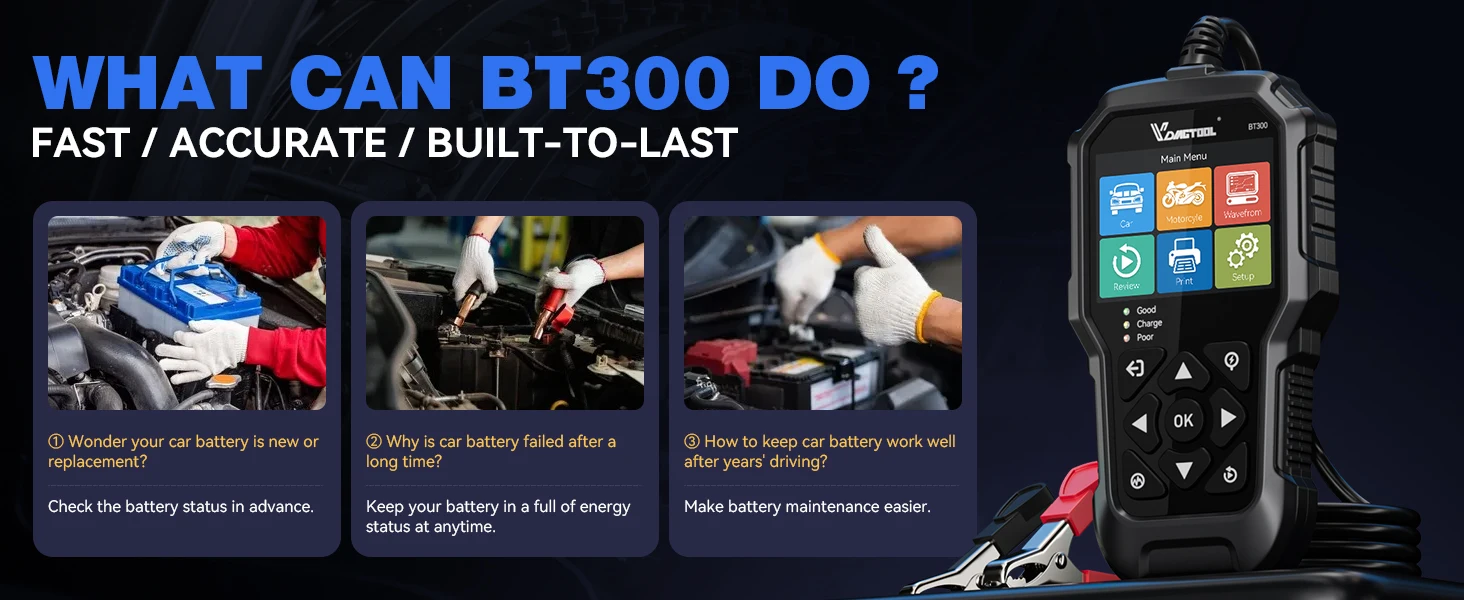 BT300 5-3000 CCA Car Battery Tester 6V 12V Automotive Charging Cranking Scanner Tools for Motorcycle Car Truck SUV