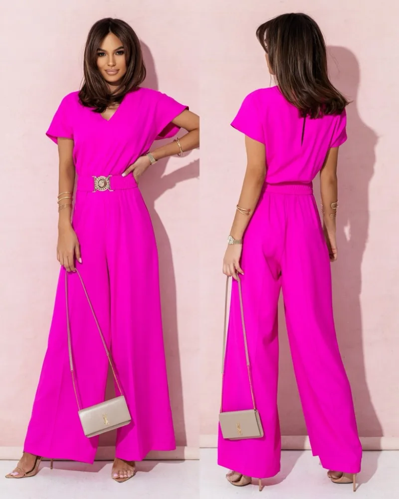 Women's New Sexy and Fashionable Vacation Style Casual Commuting Countryside Style Versatile Sweet Solid Color V-neck Jumpsuit