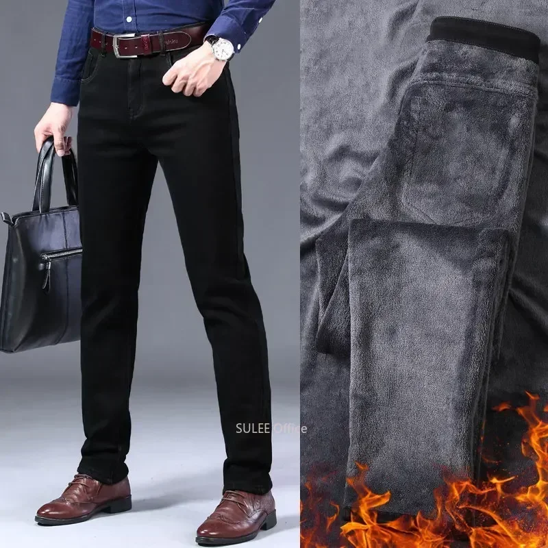 2023 Winter Men Black Blue Straight Stretch Denim Thick Velvet Pants Warm Jeans Casual Fleece Line Trousers Male Plus Size 2