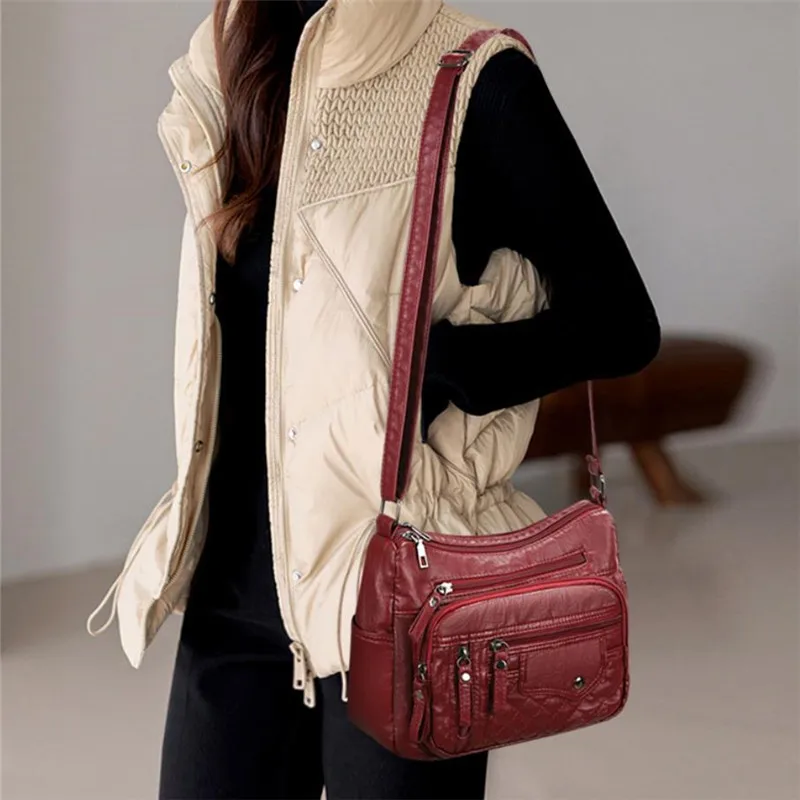 Fashionable Four Seasons Soft Leather Multi Pocket Cross Bags, Multi Layer Zipper Pouch Single Shoulder Bag for Women Daily Use