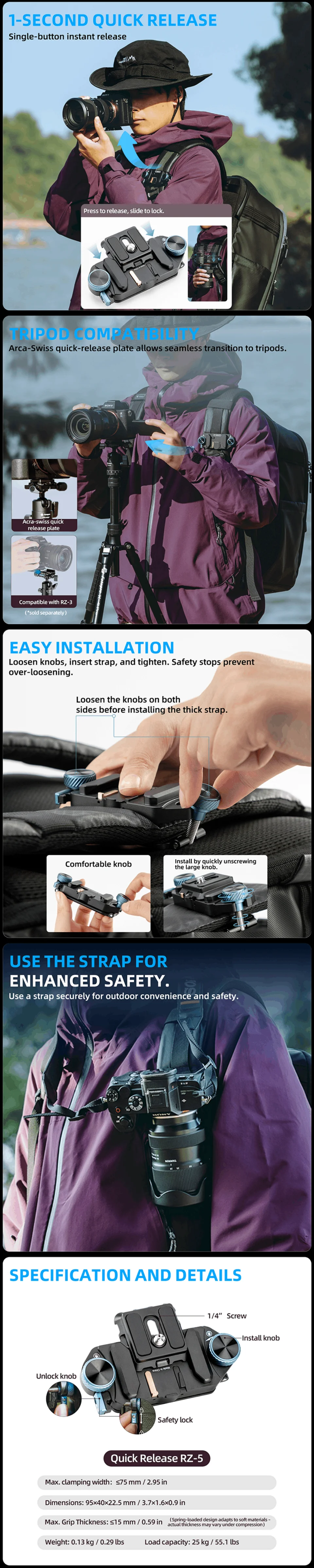 Fotopro RZ-5 Schnellverschluss-Kamerahalterung, Rucksackgurthalterung mit 1/4 Schraubenadapter für DSLR/spiegellosen Kamerastativ-Stabilisator – Detail 3