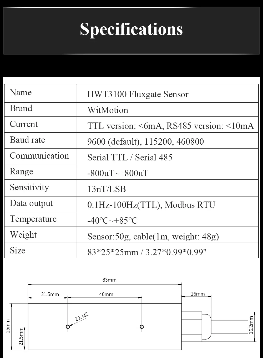 WitMotion 3-Achsen Magnetometer Sensor - Elektronischer Kompass RS485 5V-36V