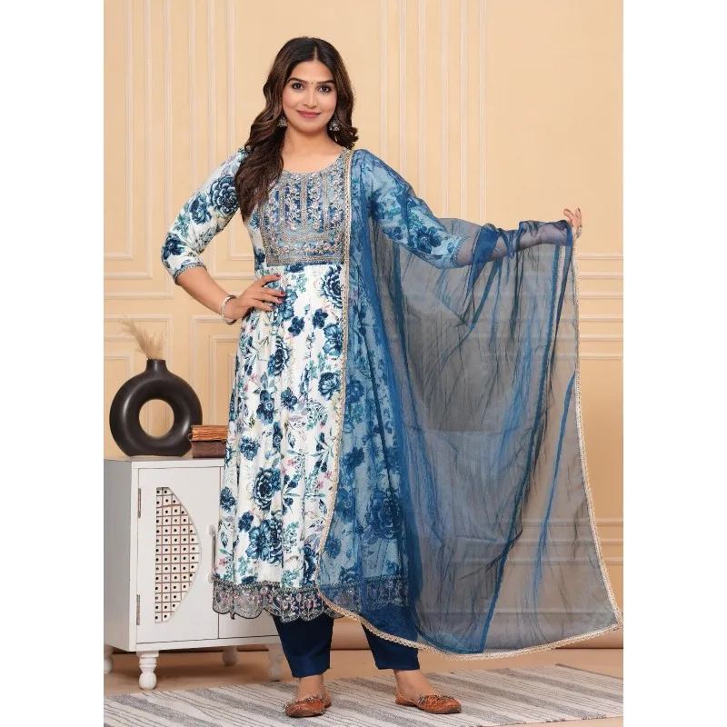 

Fully Stitched Blue Anarkali Long Sequence Work Kurti Palazzo & Dupatta Dress