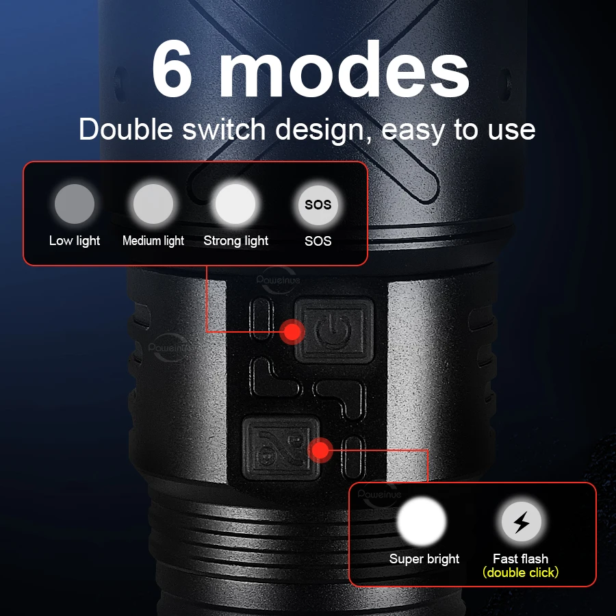 2026 New1500W LED 손전등 슈퍼 브라이트 USB 충전 줌 손전등 캠핑 낚시 및 작업 조명용 전술 손전등
