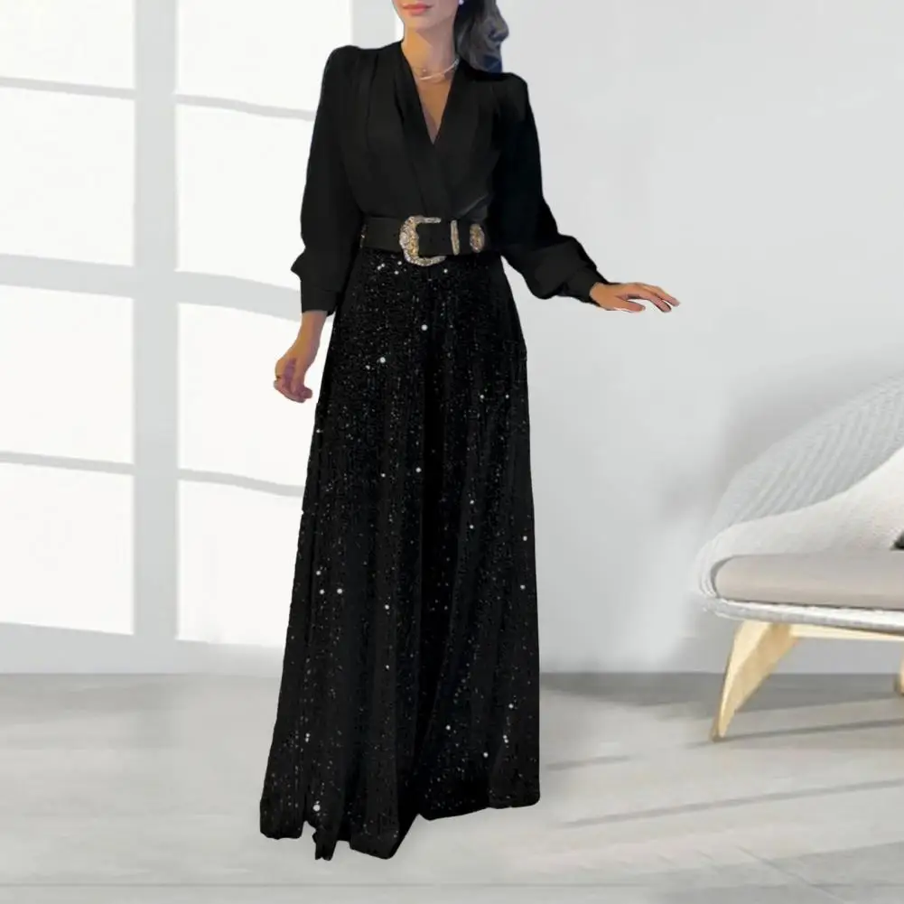 Women Wide-leg Jumpsuit Elegant Ladies' Shiny Sequin Prom Jumpsuit Wide Leg Long Sleeve V Neck for Parties Evening Events Ladies