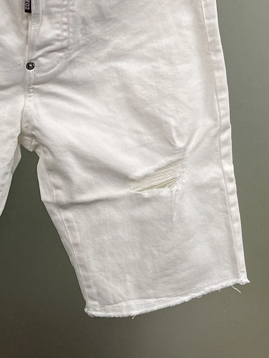 2024 Spring/Summer New D2 Jeans Trendy Men's Washed Worn Hole Patches Painted Slim Fit Micro Elastic denim shorts Men's