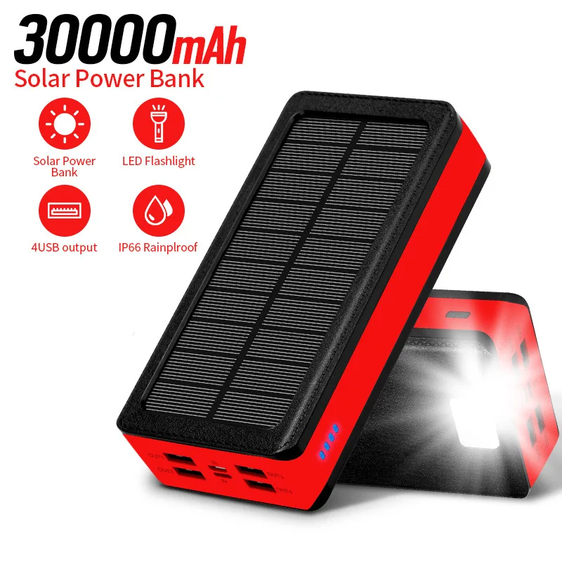 

Solar External Battery, Portable Phone Charger, Fast Charging, Charger for Xiaomi, Samsung, 4USB Ports, 30000mAh
