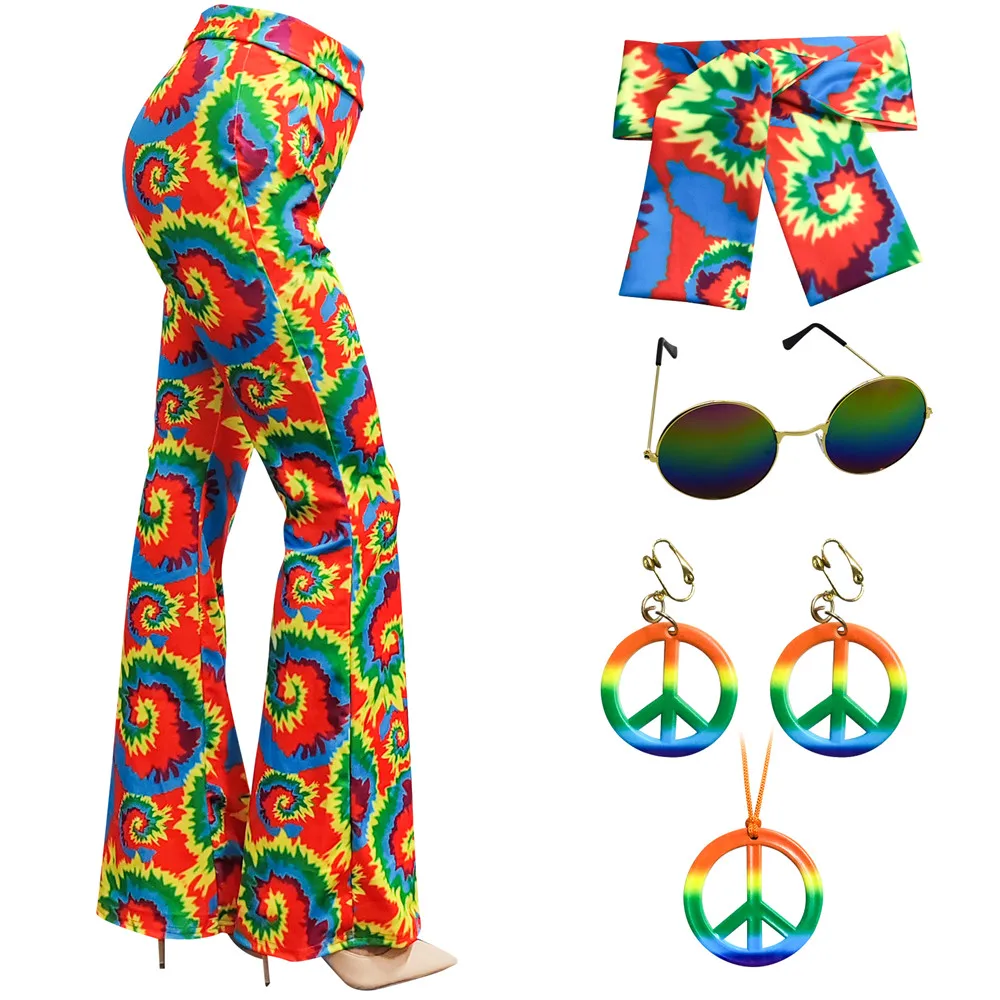 70s Women Hippie Costume Accessories, Boho Flare Pants Tie Dye Headband  Peace Sign Necklace Earrings for 70s 60s Outfits