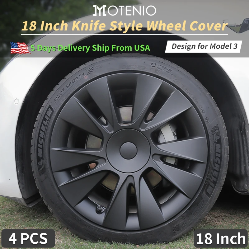4PCS Hubcaps 18 inches Full Coverage Knife Wheel Cover Design for Tesla Model 3（-） Wheel Hubcap Replacement Accessories