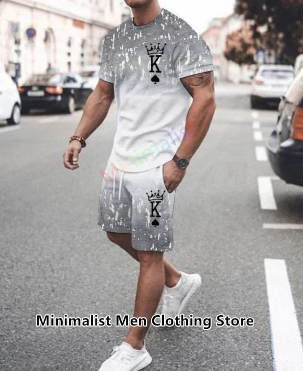 2024 New Summer Men's Set Casual Wear Men's T-shirt+Shorts Sports Suit Letters Playing Card Fashion Trend 2 Piece Outfits