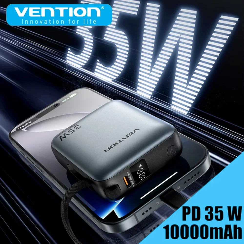 Power Bank Vention 10000mAh 35W PD Fast Charger with Type C Cable Mini External Spare Auxiliary Battery for SmartPhone