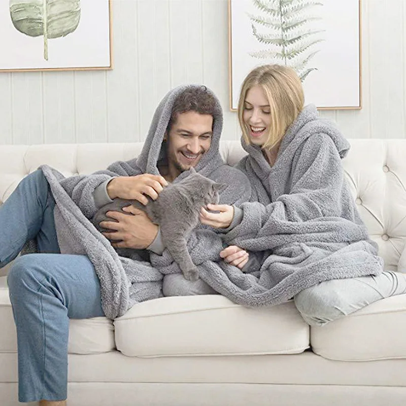 Women Winter Thick Warm Hooded Outerwear Solid Elegant Soft Double Fleece Jacket Unisex Pocket Pullover Long Hoodies Home Wear 3