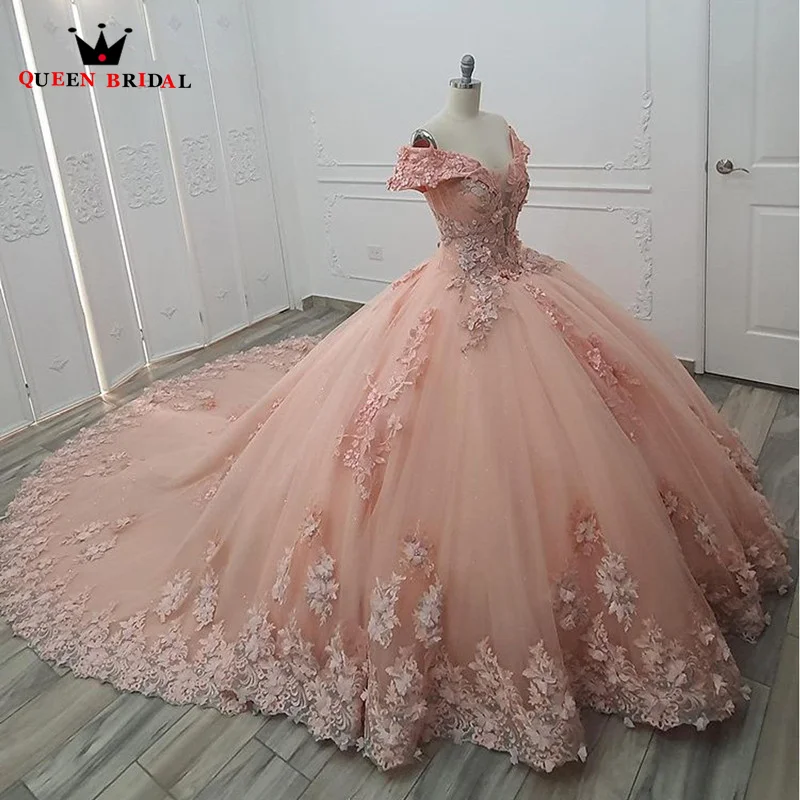 

Pink Quinceanera Dresses Off The Shoulder Puffy Beaded Lace Up Back Ball Gown Sweet 16 Dress 15 Year Party Gown WS13
