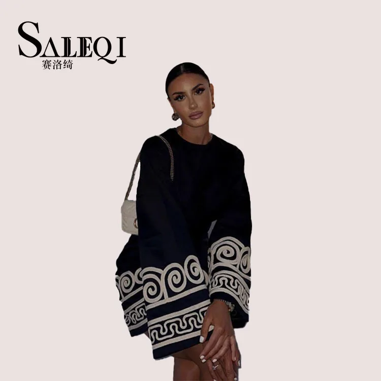 

Embroidery Fashion Dress For Women Long Sleeve O-Neck Black Vintage Mini Dresses 2023 New Casual Loose Autumn Streetwear