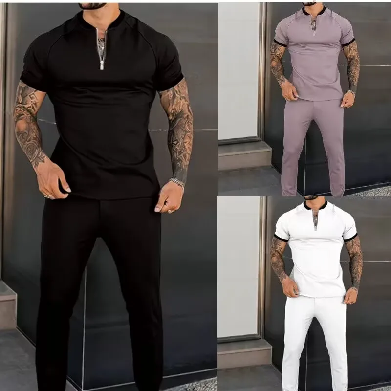 New Summer Men's T-shirt Set Casual Round Neck Zipper Short Sleeve+Trousers Fashion Fast Drying Fitness Jogger Sports Polo Shirt men s suit embroidery brand spring autumn winter new sports hoodie jacket two piece trousers fashion casual hip hop street suit