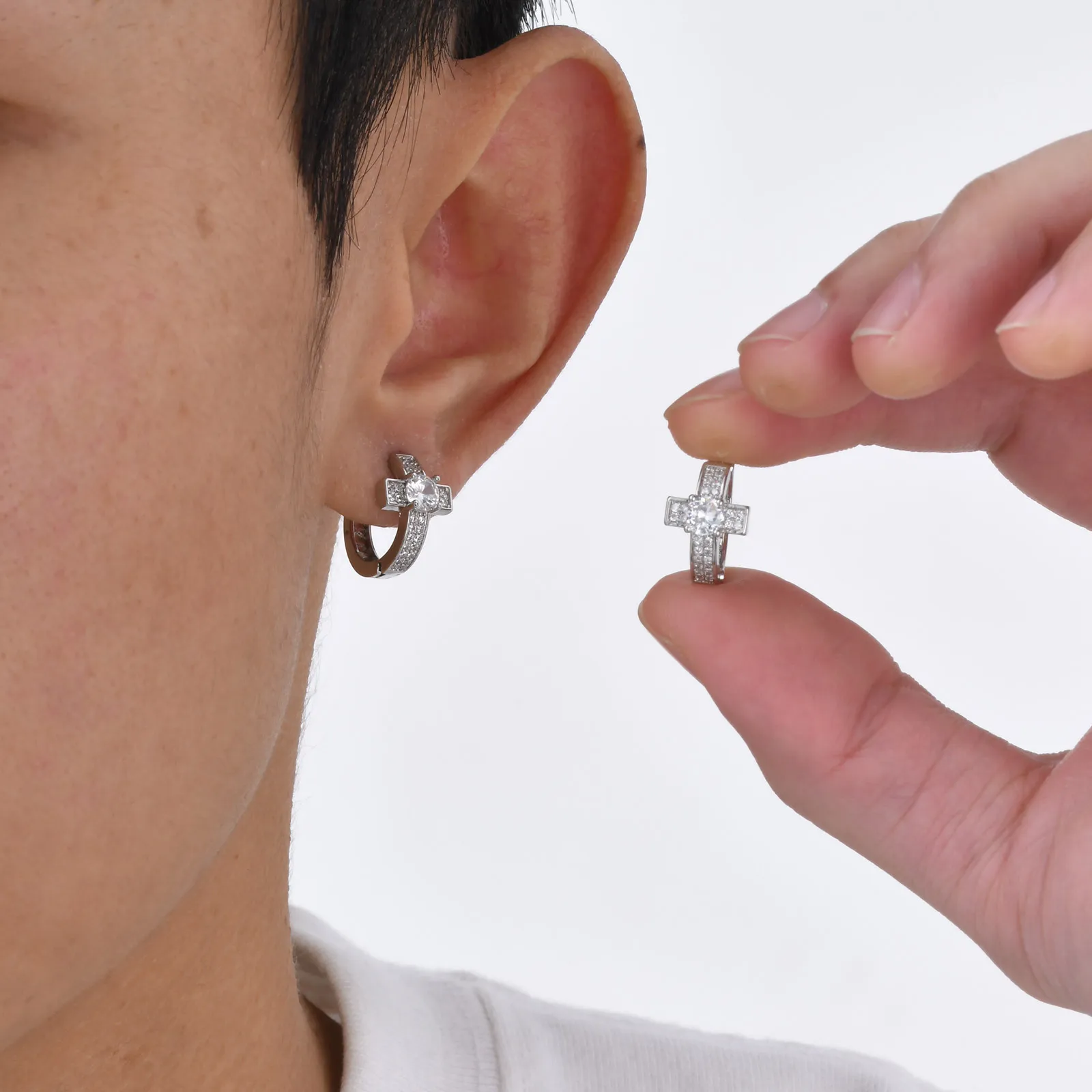 Cross Hoop Earrings for Men Boys,Hip Hop Big Zircon Huggies