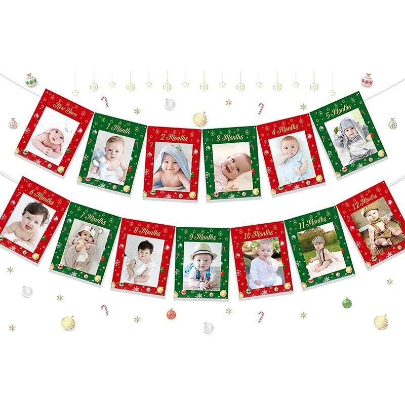 

Funmemoir Christmas Newborn To 12 Months Photo Banner Red and Green Snowflake Photo Banner for 1st Birthday Party Decorations