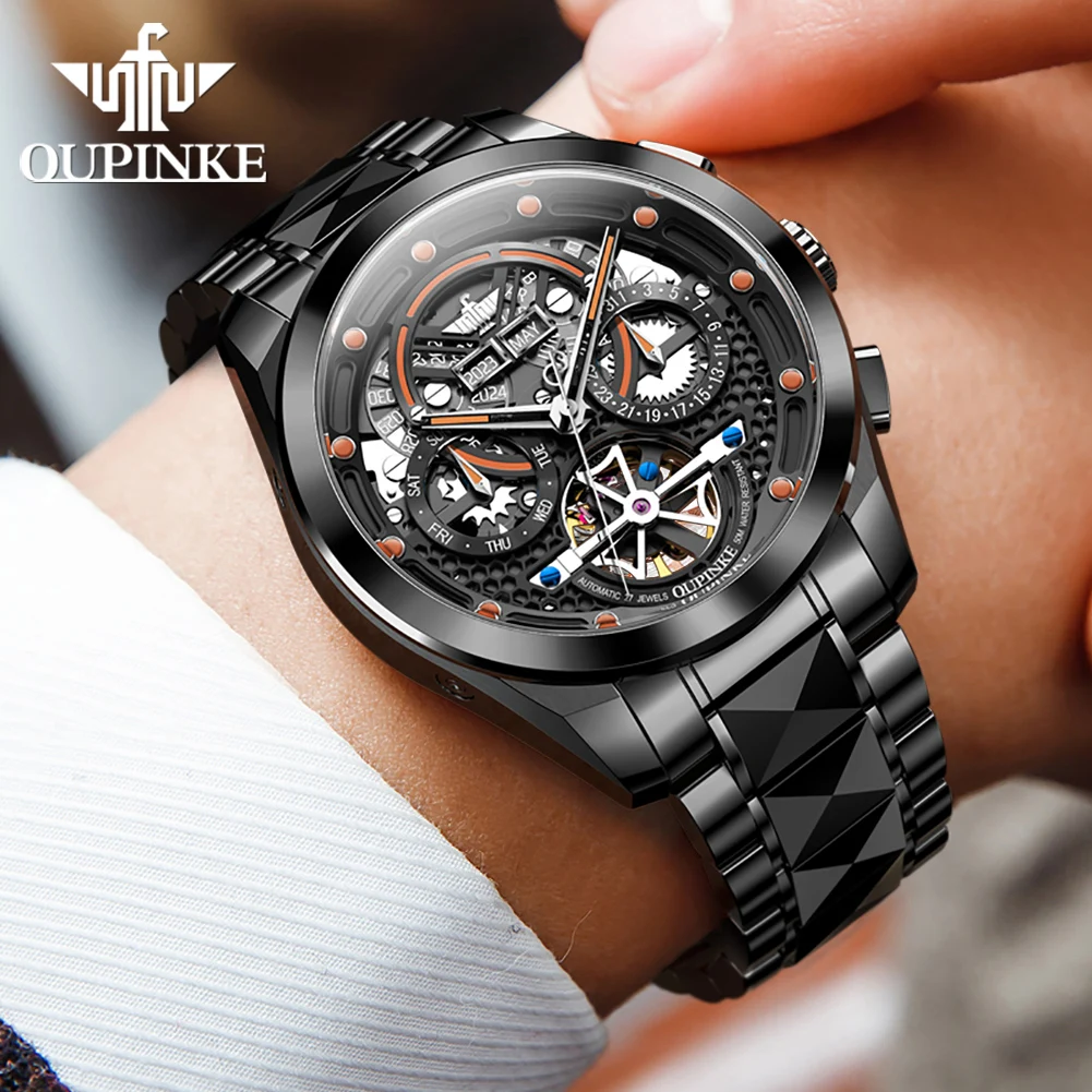 OUPINKE Multi-level Design Automatic Watches Mens Swiss Brand Sapphire Mirror Tungsten Calendar Waterproof Luminous Luxury