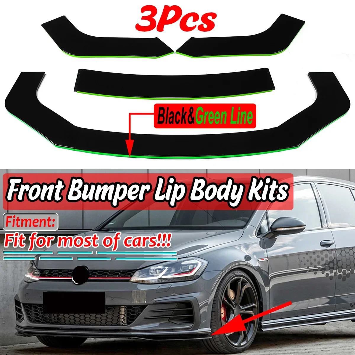 

New 3pcs Universal Car Front Bumper Splitter Lip Diffuser For VW For Golf MK5 MK6 MK7 CC For Passat For Jetta For Polo Body Kit