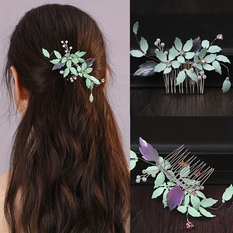 Handmade Pearl Flower Leaf Crystal Hair Comb Pin Band For Women Bride Wedding Bridal Hair Accessories Jewelry Comb Gift