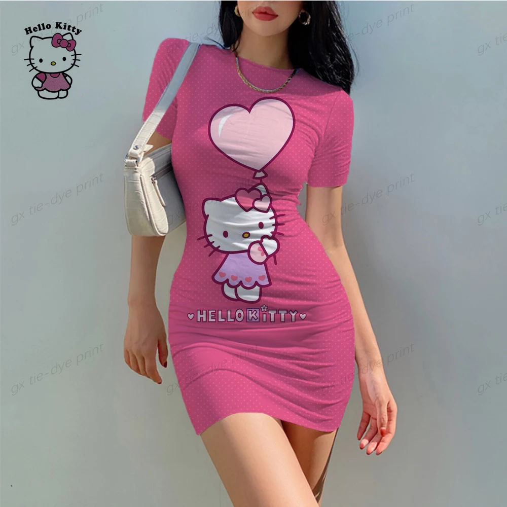 

Women Short Sleeve O Neck Hello Kitty Print Bodycon Dress Spring New Simple Sexy Package Hip Dresses Elegant Stretchy Vestidos