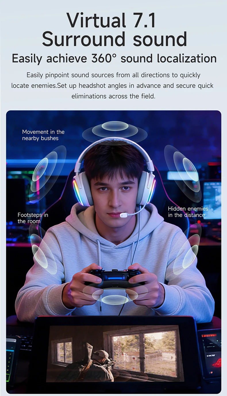 AJAZZ AHM10 MAX Tri-Mode Kabelloses Gaming-Headset, 7.1 Surround Sound, 143 Stunden Akkulaufzeit, RGB-Beleuchtung, Komfortable Ohrpolster für PC – Detail 8
