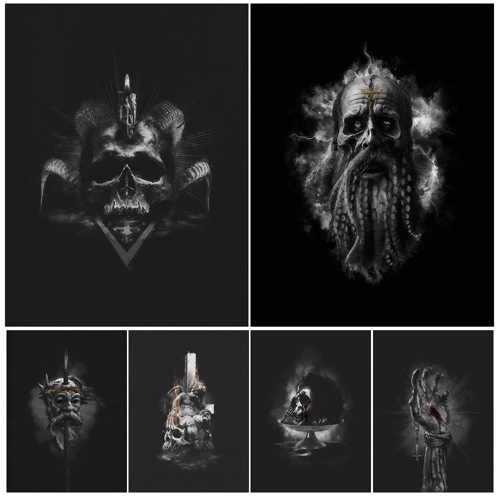 

Thorns Skull And Cross Abstract Gothic Wall Art Canvas Print Skull On Plate,Demon Skeleton Horror Fantasy At Poster Print Decor