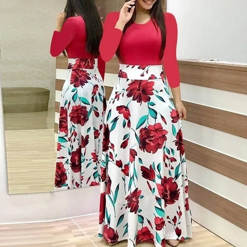 

Женское модное платье с длинными рукавами, круглым вырезом и цветочным принтом, Повседневная Туника в стиле бохо, длинное платье, юбка, женская одежда