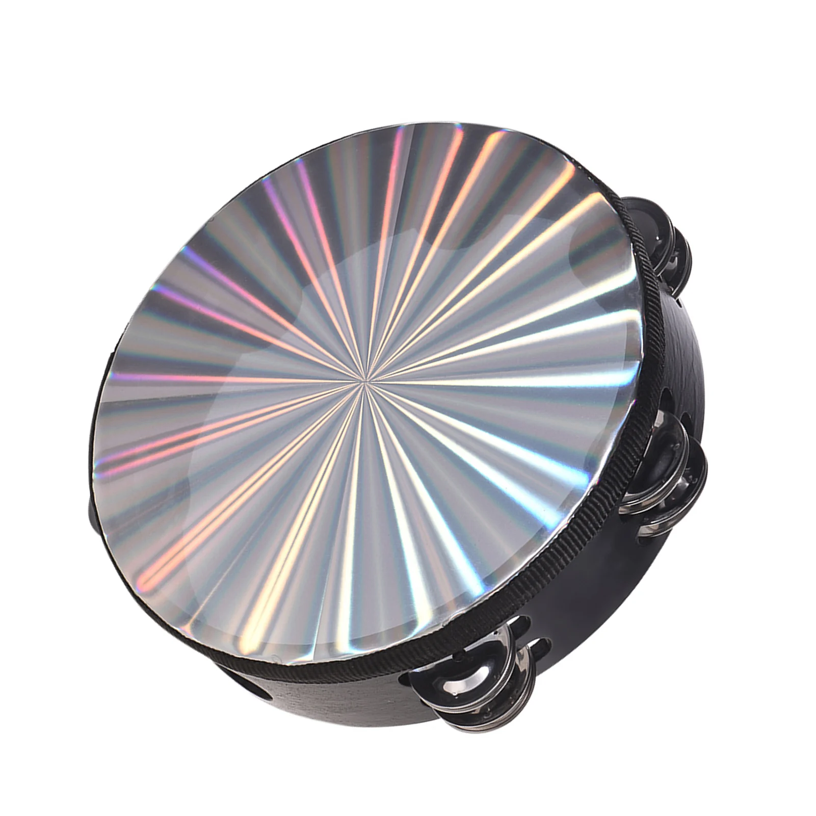 Description Picture 6 of item8/10 Inch Wooden Radiant Tambourine Handbell Hand Drum with Double Row Jingle Reflective Drum Head Musical Percussion Instrument