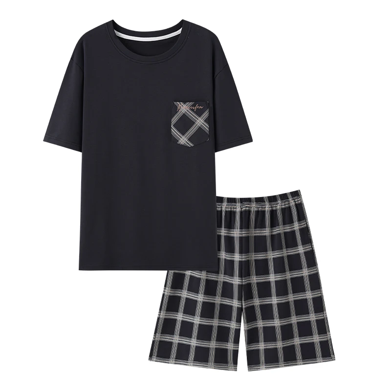 Plus Size M-4XL Men 100% Cotton Pajama Set Summer Short Sleeve Sleepwear Casual Plaid Pijamas