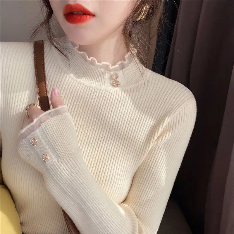 

Korea Style Lace Ruffles Collar Women Sweater Fashion Patchwork Slim Knitting Women's Sweater Elegant Long Sleeve Knitwear Top