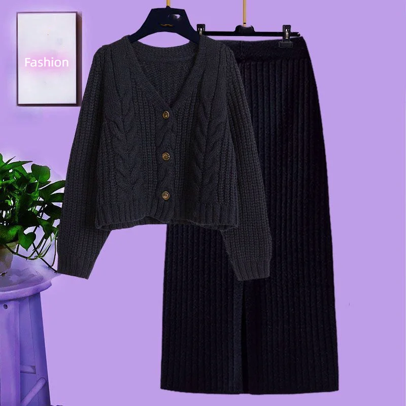 Autumn Winter Suit Women's 2023 New Wear with Lazy Style Knitted Cardigan Sweater High Waist Slim Half Skirt Two Piece Set