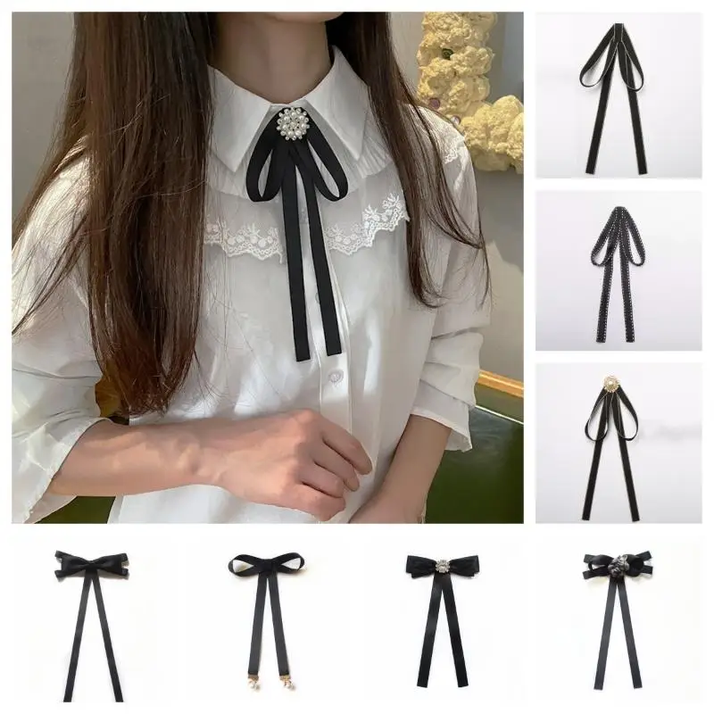 �� ♥ Britischer koreanischer College-Stil, handgefertigtes Band, schwarze Fliege, Fliege für Damen und Mädchen, Hemdkragen, Blume – Detail 1