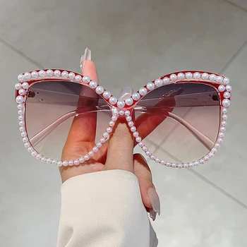 KAMMPT Chic Pearl Shiny Trends Shades Women Fashion Cat Eye Gradient Sunglasses Oversize Decor Outdoor Pink Sun Glasses 1